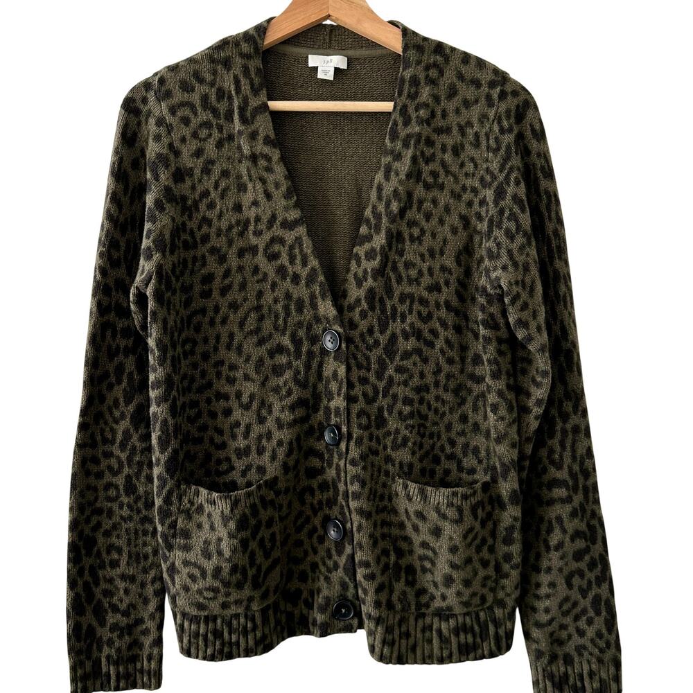 J.Jill Leopard Print Cardigan Sweater Women XS Hunter Black Button Up Pockets - Picture 2 of 10